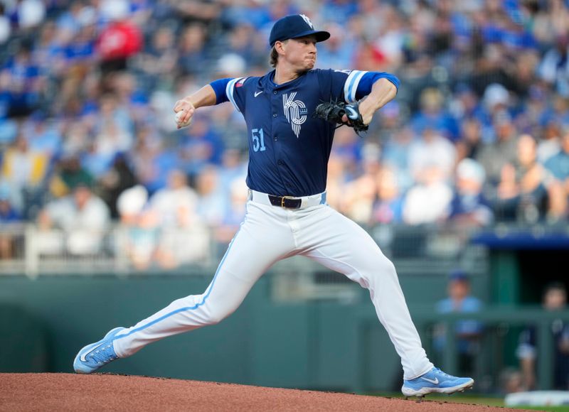 May 3, 2024; Kansas City, Missouri, USA; Kansas City Royals pitcher Brady Singer (51) pitches during the first inning against the Texas Rangers at Kauffman Stadium. Mandatory Credit: Jay Biggerstaff-USA TODAY Sports