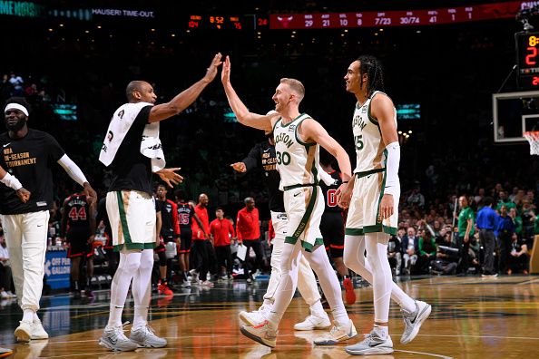 BOSTON, MA - NOVEMBER 28: Sam Hauser #30 of the Boston Celtics celebrates during the game against the Chicago Bulls during the In-Season Tournament on November 28, 2023 at the TD Garden in Boston, Massachusetts. NOTE TO USER: User expressly acknowledges and agrees that, by downloading and or using this photograph, User is consenting to the terms and conditions of the Getty Images License Agreement. Mandatory Copyright Notice: Copyright 2023 NBAE  (Photo by Brian Babineau/NBAE via Getty Images)