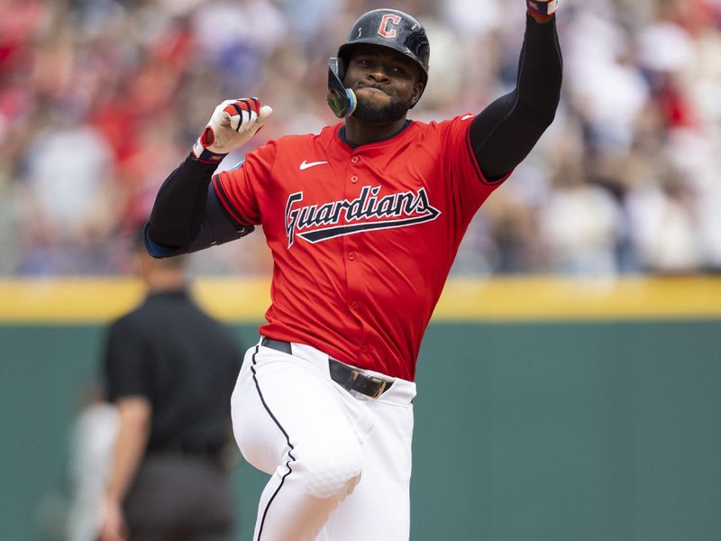 Apr 14, 2024; Cleveland, Ohio, USA; Cleveland Guardians pinch hitter Estevan Florial (90) celebrates his solo home run during the eighth inning against the New York Yankees at Progressive Field. Mandatory Credit: Scott Galvin-USA TODAY Sports