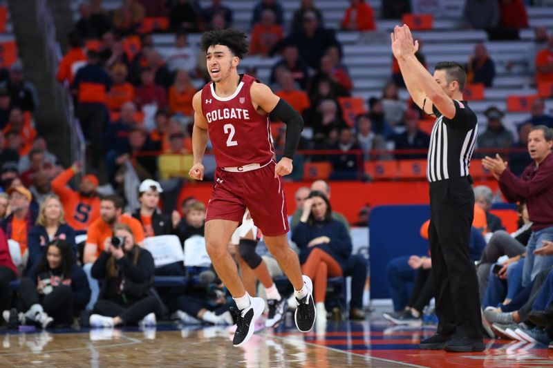 Nov 15, 2022; Syracuse, New York, USA; Colgate Raiders guard Braeden Smith (2) reacts to his three-point basket against the Syracuse Orange during the second half at the JMA Wireless Dome. Mandatory Credit: Rich Barnes-USA TODAY Sports