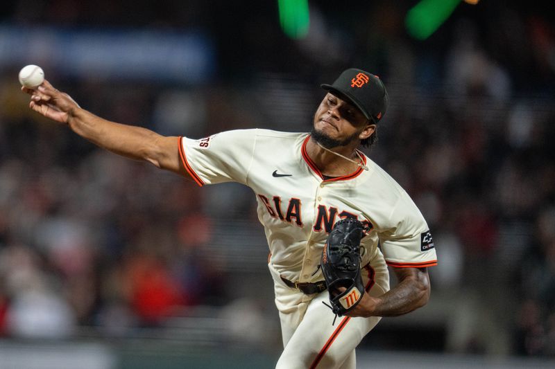 Apr 22, 2024; San Francisco, California, USA;  San Francisco Giants pitcher Camilo Doval (75) delivers a pitch against the New York Mets during the ninth inning at Oracle Park. Mandatory Credit: Neville E. Guard-USA TODAY Sports