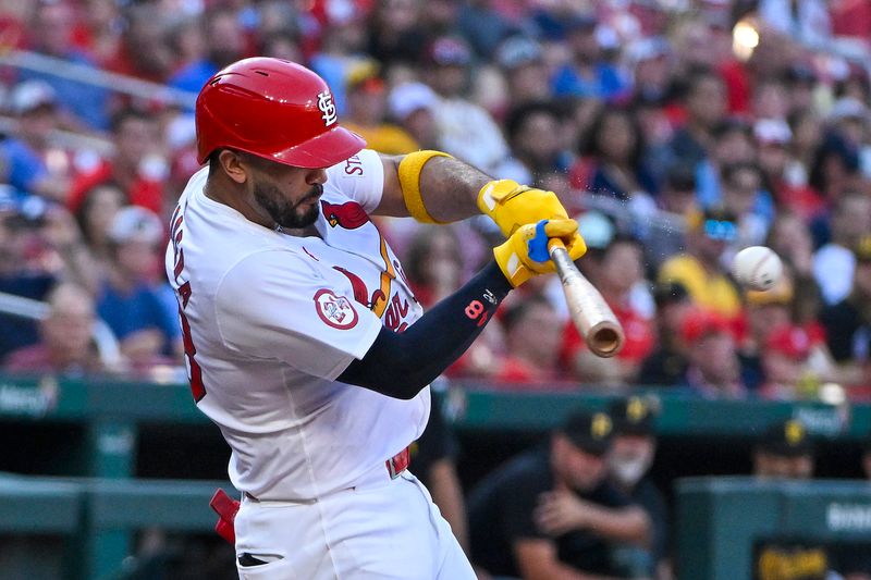 Jun 12, 2024; St. Louis, Missouri, USA;  St. Louis Cardinals catcher Ivan Herrera (48) hits a single against the Pittsburgh Pirates during the second inning at Busch Stadium. Mandatory Credit: Jeff Curry-USA TODAY Sports