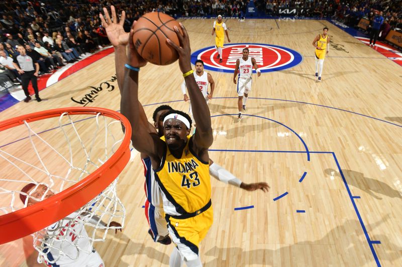 DETROIT, MI - OCTOBER 23: Pascal Siakam #43 of the Indiana Pacers dunks the ball during the game against the Detroit Pistons on October 23, 2024 at Little Caesars Arena in Detroit, Michigan. NOTE TO USER: User expressly acknowledges and agrees that, by downloading and/or using this photograph, User is consenting to the terms and conditions of the Getty Images License Agreement. Mandatory Copyright Notice: Copyright 2024 NBAE (Photo by Chris Schwegler/NBAE via Getty Images)