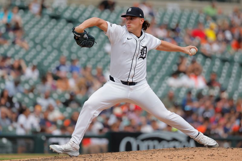 Jun 23, 2024; Detroit, Michigan, USA;  Detroit Tigers relief pitcher Tyler Holton (87) pitches in the eighth inning against the Chicago White Sox at Comerica Park. Mandatory Credit: Rick Osentoski-USA TODAY Sports