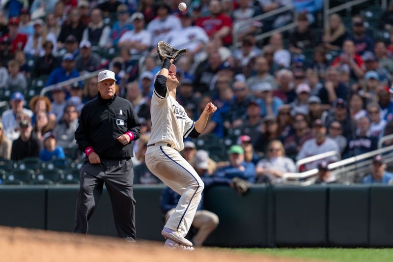 May 14, 2023; Minneapolis, Minnesota, USA; Minnesota Twins left fielder Alex Kirilloff (19) catches a popup from Chicago Cubs first baseman Trey Mancini (not pictured) in the ninth inning at Target Field. Mandatory Credit: Matt Blewett-USA TODAY Sports