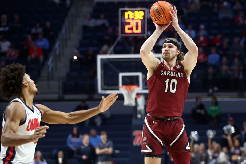 Feb 11, 2023; Oxford, Mississippi, USA; South Carolina Gamecocks forward Hayden Brown (10) shoots for three during the first half against the Mississippi Rebels at The Sandy and John Black Pavilion at Ole Miss. Mandatory Credit: Petre Thomas-USA TODAY Sports