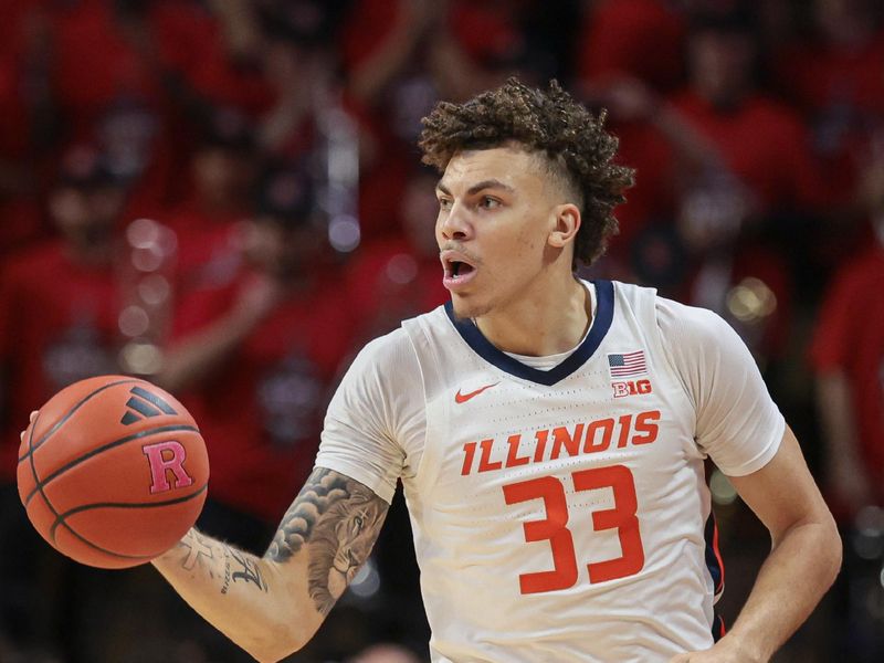 Dec 2, 2023; Piscataway, New Jersey, USA; Illinois Fighting Illini forward Coleman Hawkins (33) dribbles up court against the Rutgers Scarlet Knights during the first half at Jersey Mike's Arena. Mandatory Credit: Vincent Carchietta-USA TODAY Sports