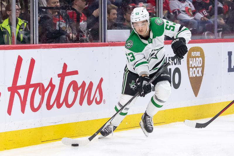 Feb 22, 2024; Ottawa, Ontario, CAN; Dallas Stars center Wyatt Johnston (53) skates with the puck in the second period against the Ottawa Senators at the Canadian Tire Centre. Mandatory Credit: Marc DesRosiers-USA TODAY Sports