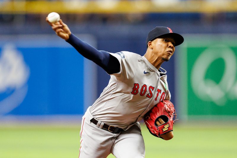 May 22, 2024; St. Petersburg, Florida, USA;  Boston Red Sox pitcher Brayan Bello (66) throws a pitch against the Tampa Bay Rays in the second inning at Tropicana Field. Mandatory Credit: Nathan Ray Seebeck-USA TODAY Sports