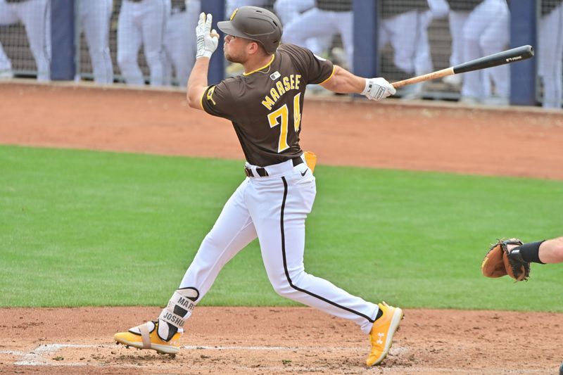 Feb 26, 2024; Peoria, Arizona, USA;  San Diego Padres center fielder Jake Marsee (74) flies out in the third inning against the Cleveland Guardians during a spring training game at Peoria Sports Complex. Mandatory Credit: Matt Kartozian-USA TODAY Sports