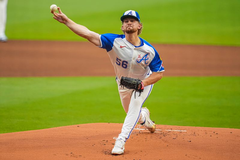 Jul 6, 2024; Cumberland, Georgia, USA; Atlanta Braves pitcher Spencer Schwellenbach (56) pitches against the Philadelphia Phillies during the first inning at Truist Park. Mandatory Credit: Dale Zanine-USA TODAY Sports
