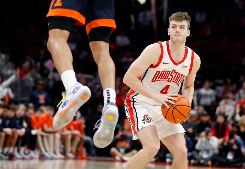 Feb 26, 2023; Columbus, Ohio, USA;  Ohio State Buckeyes guard Sean McNeil (4) fakes out Illinois Fighting Illini forward Ty Rodgers (20) during the second half at Value City Arena. Mandatory Credit: Joseph Maiorana-USA TODAY Sports