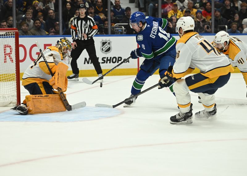 Mar 12, 2026; Vancouver, British Columbia, CAN; Vancouver Canucks left wing Drew O'Connor (18) shoots the puck against Nashville Predators goaltender Juuse Saros (74) during the second period at Rogers Arena. Mandatory Credit: Simon Fearn-Imagn Images