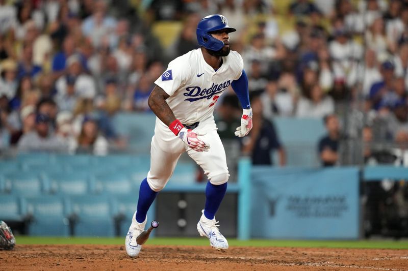 Aug 20, 2024; Los Angeles, California, USA; Los Angeles Dodgers right fielder Jason Heyward (23) runs the bases after hitting a three-run home run in the eighth inning against the Seattle Mariners at Dodger Stadium. Mandatory Credit: Kirby Lee-USA TODAY Sports