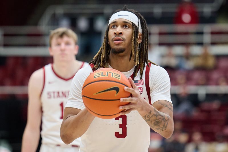 Jan 18, 2024; Stanford, California, USA; Stanford Cardinal guard Kanaan Carlyle (3) shoots a free throw against the Washington State Cougars during the second half at Maples Pavilion. Mandatory Credit: Robert Edwards-USA TODAY Sports