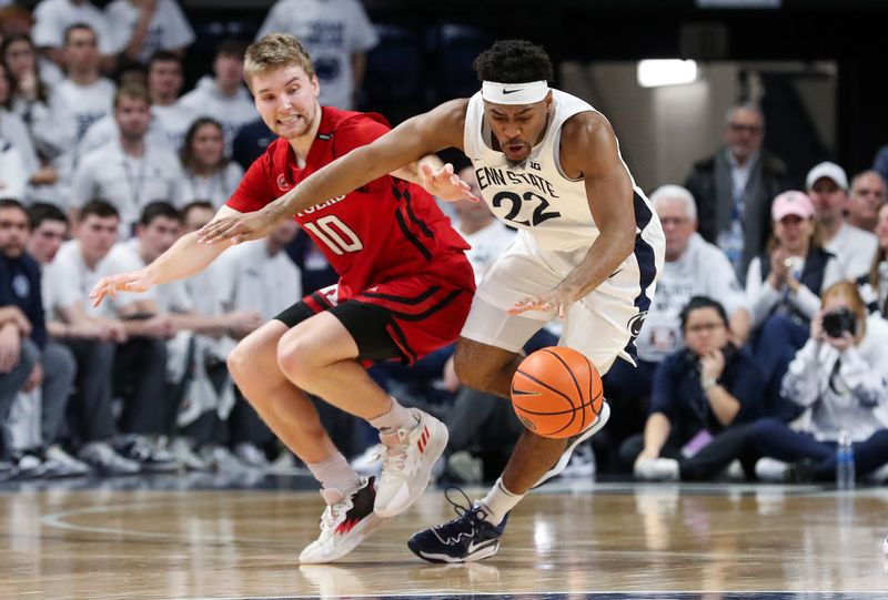 Feb 26, 2023; University Park, Pennsylvania, USA; Penn State Nittany Lions guard Jalen Pickett (22) reaches for the loose ball during the second half against the Rutgers Scarlet Knights at Bryce Jordan Center. Rutgers defeated Penn State 59-56. Mandatory Credit: Matthew OHaren-USA TODAY Sports