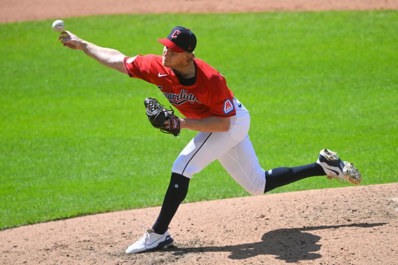 Jun 23, 2024; Cleveland, Ohio, USA; Cleveland Guardians relief pitcher Darren McCaughan (56) delivers a pitch in the fifth inning against the Toronto Blue Jays at Progressive Field. Mandatory Credit: David Richard-USA TODAY Sports