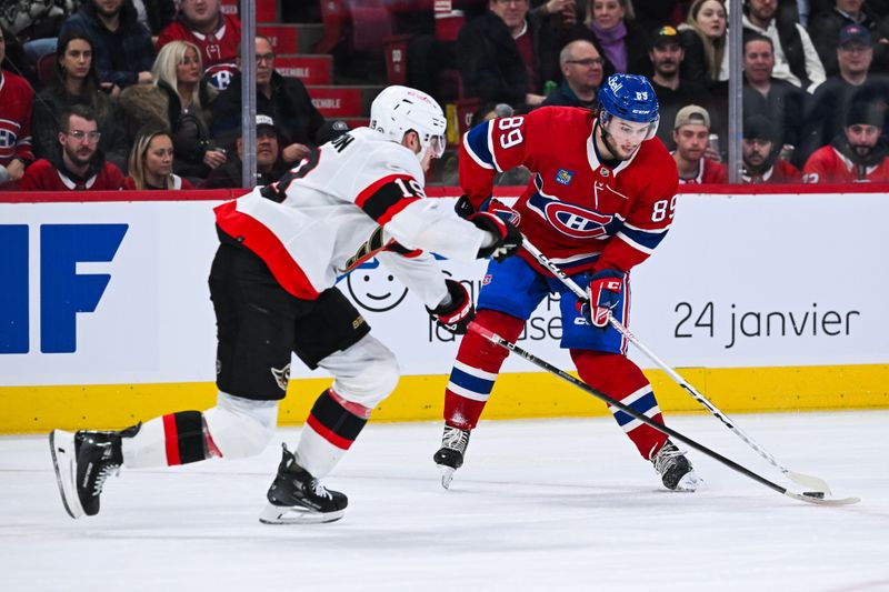 Jan 23, 2024; Montreal, Quebec, CAN; Montreal Canadiens right wing Joshua Roy (89) plays the puck against Ottawa Senators right wing Drake Batherson (19) during the second period at Bell Centre. Mandatory Credit: David Kirouac-USA TODAY Sports