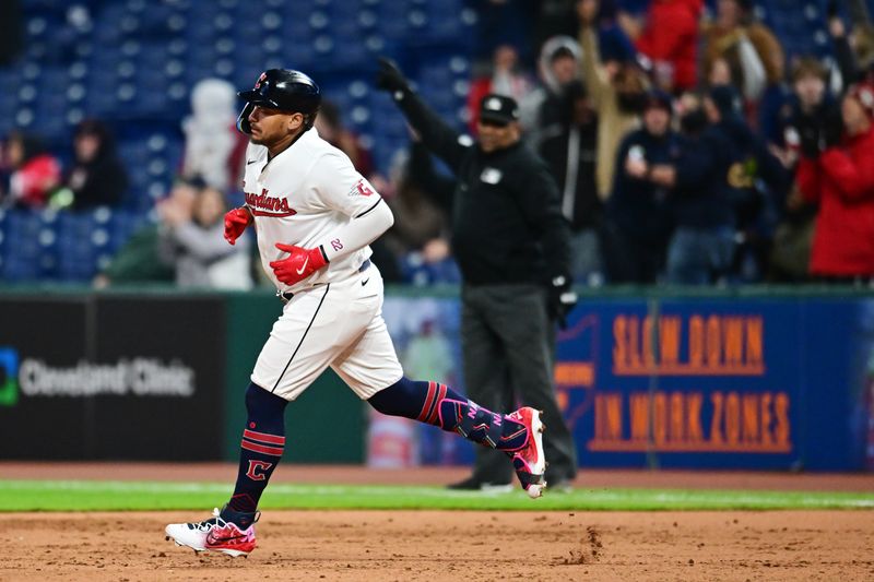 Apr 19, 2024; Cleveland, Ohio, USA; Cleveland Guardians first baseman Josh Naylor (22) rounds the bases after hitting a home run during the eighth inning against the Oakland Athletics at Progressive Field. Mandatory Credit: Ken Blaze-USA TODAY Sports