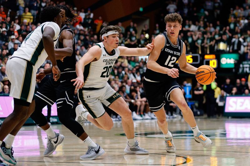 Feb 17, 2024; Fort Collins, Colorado, USA; Utah State Aggies guard Mason Falslev (12) controls the ball against Colorado State Rams guard Joe Palmer (20) in the first half at Moby Arena. Mandatory Credit: Isaiah J. Downing-USA TODAY Sports