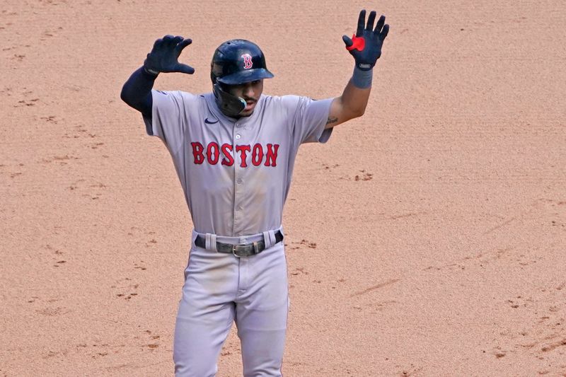 Jun 9, 2024; Chicago, Illinois, USA; Boston Red Sox shortstop David Hamilton (70) gestures after hitting double against the Chicago White Sox during the ninth inning at Guaranteed Rate Field. Mandatory Credit: David Banks-USA TODAY Sports