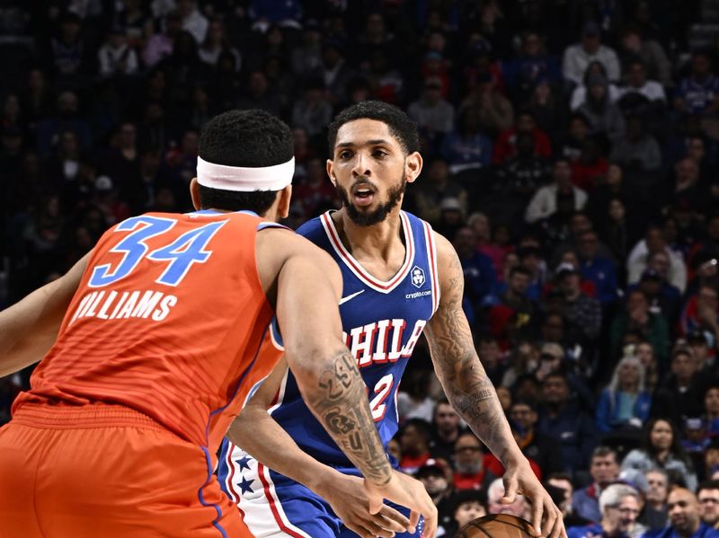 PHILADELPHIA, PA - APRIL 2: Cameron Payne #22 of the Philadelphia 76ers dribbles the ball during the game against the Oklahoma City Thunder on April 2, 2024 at the Wells Fargo Center in Philadelphia, Pennsylvania NOTE TO USER: User expressly acknowledges and agrees that, by downloading and/or using this Photograph, user is consenting to the terms and conditions of the Getty Images License Agreement. Mandatory Copyright Notice: Copyright 2024 NBAE (Photo by David Dow/NBAE via Getty Images)