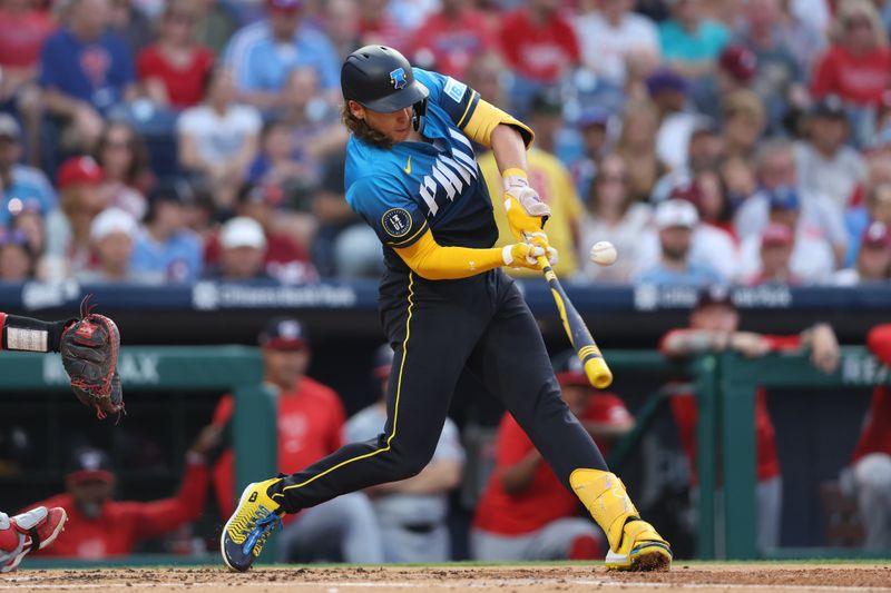 Aug 16, 2024; Philadelphia, Pennsylvania, USA; Philadelphia Phillies third base Alec Bohm (28) hits a single during the first inning against the Washington Nationals at Citizens Bank Park. Mandatory Credit: Bill Streicher-USA TODAY Sports