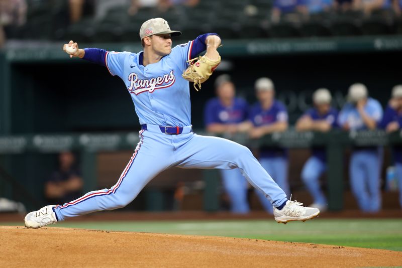 May 18, 2025; Arlington, Texas, USA; Texas Rangers pitcher Jack Leiter (35) throws a pitch during the first inning against the Houston Astros at Globe Life Field. Mandatory Credit: Tim Heitman-Imagn Images