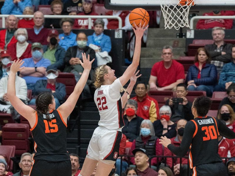 Jan 27, 2023; Stanford, California, USA; Stanford Cardinal forward Cameron Brink (22) shoots a layup against the Oregon State Beavers during the fourth quarter at Maples Pavilion. Mandatory Credit: Neville E. Guard-USA TODAY Sports