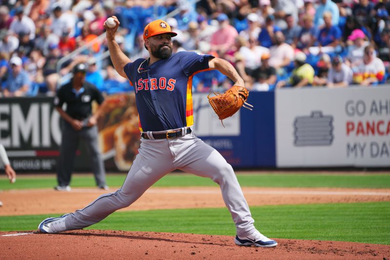 Mar 3, 2024; Port St. Lucie, Florida, USA;  Houston Astros starting pitcher Jose Urquidy (65) pitches in the first inning against the New York Mets at Clover Park. Mandatory Credit: Jim Rassol-USA TODAY Sports