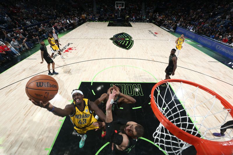 NEW ORLEANS, LA - MARCH 1:  Pascal Siakam #43 of the Indiana Pacers drives to the basket during the game against the New Orleans Pelicans on March 1, 2024 at the Smoothie King Center in New Orleans, Louisiana. NOTE TO USER: User expressly acknowledges and agrees that, by downloading and or using this Photograph, user is consenting to the terms and conditions of the Getty Images License Agreement. Mandatory Copyright Notice: Copyright 2024 NBAE (Photo by Layne Murdoch Jr./NBAE via Getty Images)