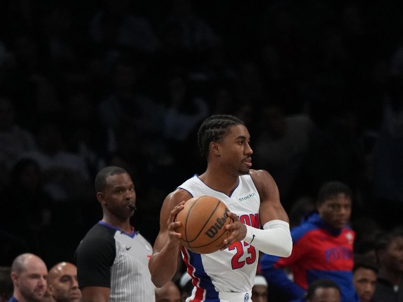 BROOKLYN, NY - NOVEMBER 3: Jaden Ivey #23 of the Detroit Pistons handles the ball during the game against the Brooklyn Nets on November 3, 2024 at Barclays Center in Brooklyn, New York. NOTE TO USER: User expressly acknowledges and agrees that, by downloading and or using this Photograph, user is consenting to the terms and conditions of the Getty Images License Agreement. Mandatory Copyright Notice: Copyright 2024 NBAE (Photo by Jesse D. Garrabrant/NBAE via Getty Images)