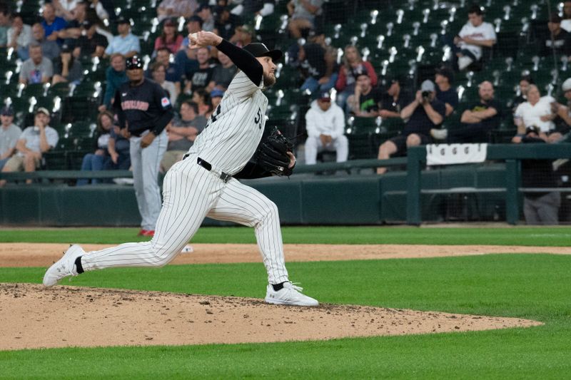 Sep 10, 2024; Chicago, Illinois, USA;  Chicago White Sox pitcher Sean Burke (59) makes his major league debut during the seventh inning against the Cleveland Guardians at Guaranteed Rate Field. Mandatory Credit: Matt Marton-Imagn Images