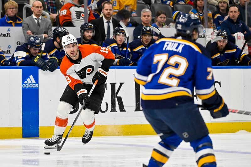 Jan 15, 2024; St. Louis, Missouri, USA;  Philadelphia Flyers right wing Garnet Hathaway (19) controls the puck against the St. Louis Blues during the first period at Enterprise Center. Mandatory Credit: Jeff Curry-USA TODAY Sports