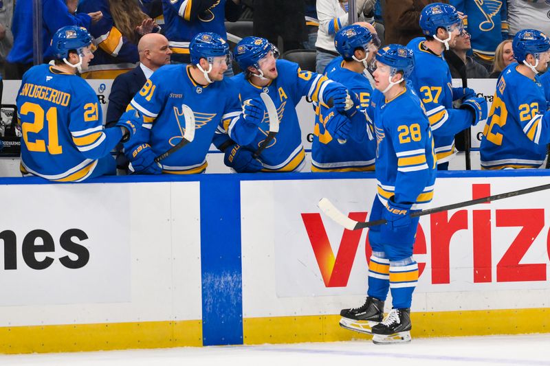 Mar 24, 2026; St. Louis, Missouri, USA; St. Louis Blues center Otto Stenberg (28) celebrates with left wing Jake Neighbours (63) left wing Dylan Holloway (81) and right wing Jimmy Snuggerud (21) after scoring against the Washington Capitals during the third period at Enterprise Center. Mandatory Credit: Jeff Curry-Imagn Images