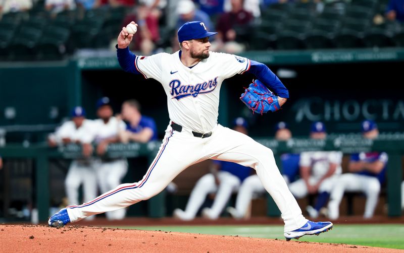 May 27, 2025; Arlington, Texas, USA; Texas Rangers starting pitcher Nathan Eovaldi (17) throws during the first inning against the Toronto Blue Jays at Globe Life Field. Mandatory Credit: Kevin Jairaj-Imagn Images