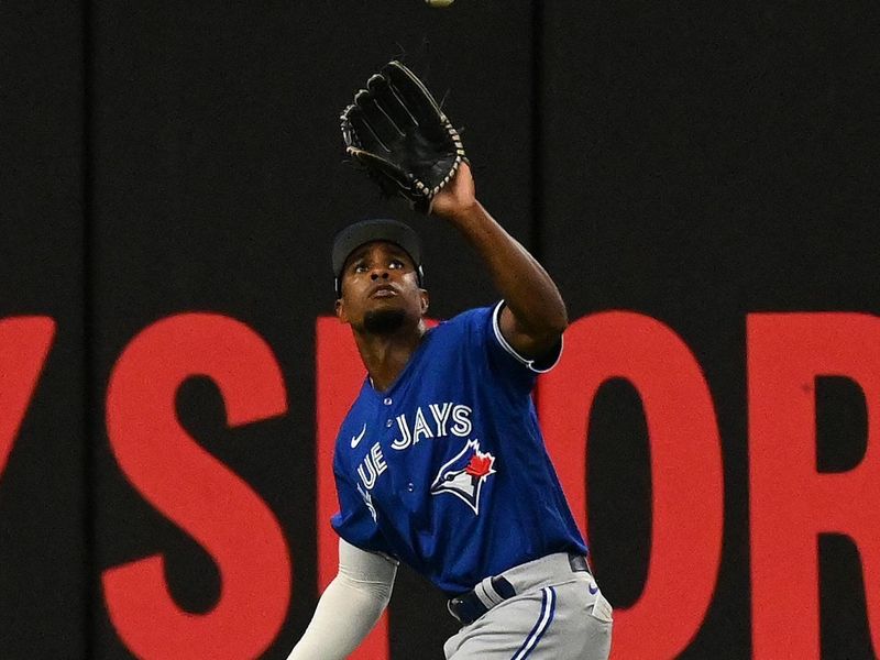 Mar 9, 2023; St. Petersburg, Florida, USA; Toronto Blue Jays left fielder Wynton Bernard (67) catches a fly ball in the first inning of a spring training game against the Tampa Bay Rays at Tropicana Field. Mandatory Credit: Jonathan Dyer-USA TODAY Sports