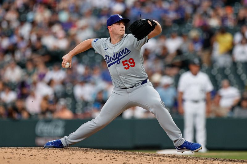 Jun 20, 2024; Denver, Colorado, USA; Los Angeles Dodgers pitcher Evan Phillips (59) pitches in the ninth inning against the Colorado Rockies at Coors Field. Mandatory Credit: Isaiah J. Downing-USA TODAY Sports