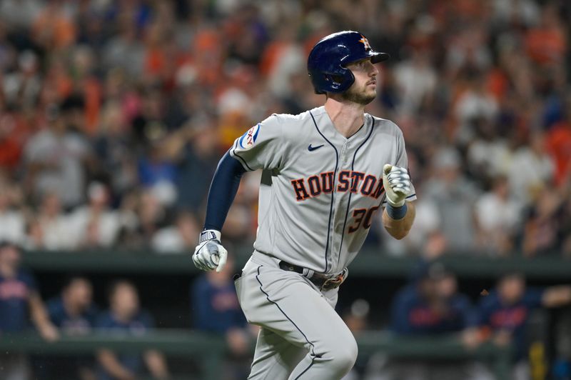 Aug 8, 2023; Baltimore, Maryland, USA;  Houston Astros right fielder Kyle Tucker (30) runs out a ninth inning grand slam against the Baltimore Orioles at Oriole Park at Camden Yards. Mandatory Credit: Tommy Gilligan-USA TODAY Sports