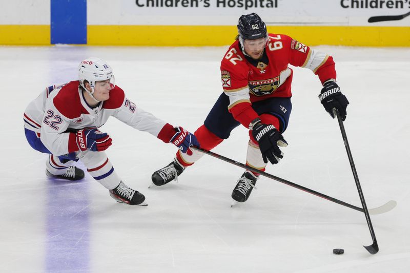 Feb 29, 2024; Sunrise, Florida, USA; Florida Panthers defenseman Brandon Montour (62) moves the puck against Montreal Canadiens right wing Cole Caufield (22) during the third period at Amerant Bank Arena. Mandatory Credit: Sam Navarro-USA TODAY Sports