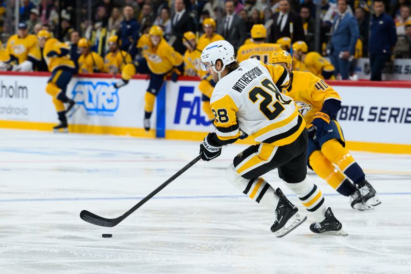 Nov 14, 2025; Stockholm, SWEDEN; Pittsburgh Penguins defenseman Parker Wotherspoon (28) in action against the Nashville Predators in a Global Series ice hockey game at Avicii Arena. Mandatory Credit: Per Haljestam-Imagn Images