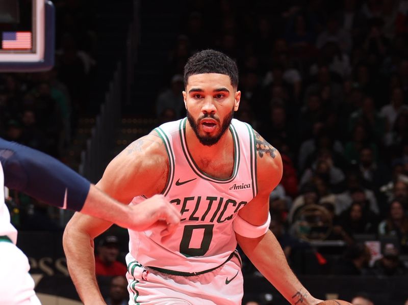 WASHINGTON, DC -? NOVEMBER 22: Jayson Tatum #0 of the Boston Celtics dribbles the ball during the game against the Washington Wizards during the Emirates NBA Cup game on November 22, 2024 at Capital One Arena in Washington, DC. NOTE TO USER: User expressly acknowledges and agrees that, by downloading and or using this Photograph, user is consenting to the terms and conditions of the Getty Images License Agreement. Mandatory Copyright Notice: Copyright 2024 NBAE (Photo by Stephen Gosling/NBAE via Getty Images)