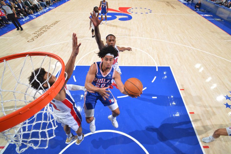 PHILADELPHIA, PA - OCTOBER 30: Jared McCain #20 of the Philadelphia 76ers drives to the basket during the game against the Detroit Pistons on October 30, 2024 at the Wells Fargo Center in Philadelphia, Pennsylvania NOTE TO USER: User expressly acknowledges and agrees that, by downloading and/or using this Photograph, user is consenting to the terms and conditions of the Getty Images License Agreement. Mandatory Copyright Notice: Copyright 2024 NBAE (Photo by Jesse D. Garrabrant/NBAE via Getty Images)