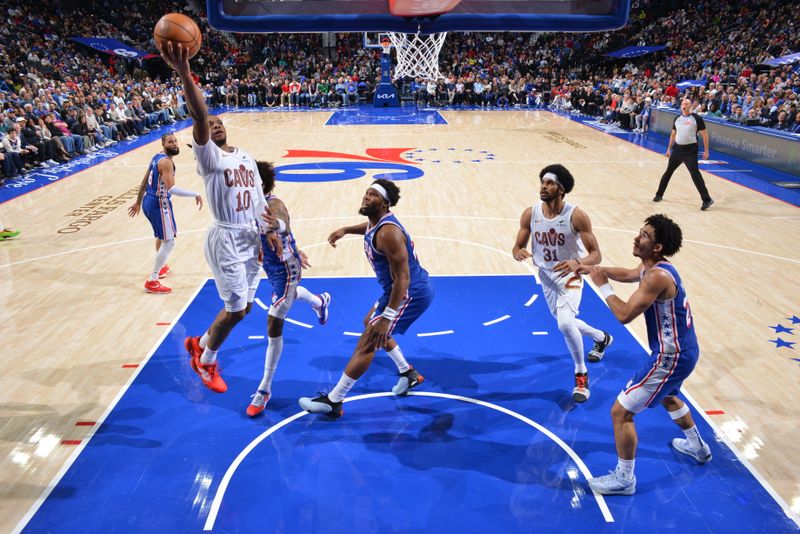 PHILADELPHIA, PA - NOVEMBER 13: Darius Garland #10 of the Cleveland Cavaliers drives to the basket during the game against the Philadelphia 76ers on November 13, 2024 at the Wells Fargo Center in Philadelphia, Pennsylvania NOTE TO USER: User expressly acknowledges and agrees that, by downloading and/or using this Photograph, user is consenting to the terms and conditions of the Getty Images License Agreement. Mandatory Copyright Notice: Copyright 2024 NBAE (Photo by Jesse D. Garrabrant/NBAE via Getty Images)