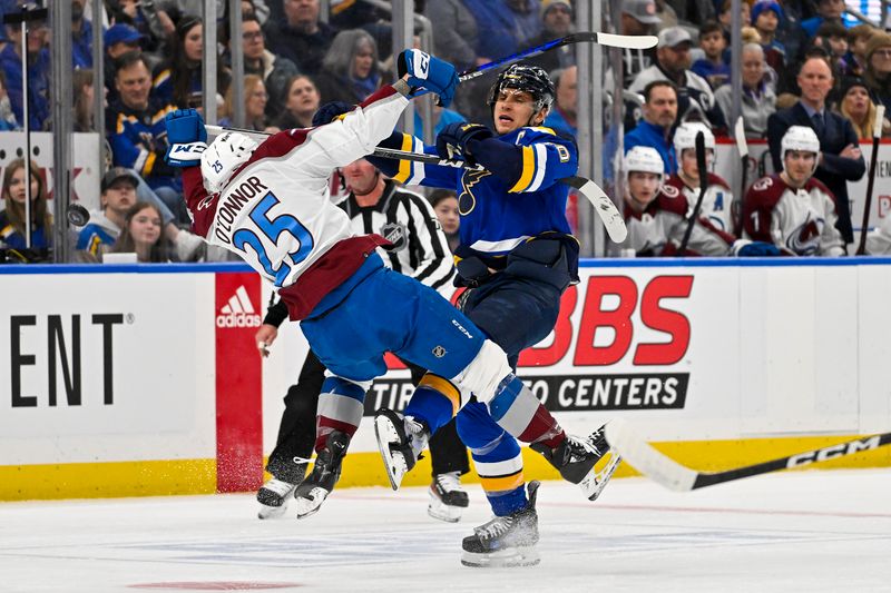 Dec 29, 2023; St. Louis, Missouri, USA;  St. Louis Blues center Brayden Schenn (10) checks Colorado Avalanche right wing Logan O'Connor (25) during the second period at Enterprise Center. Mandatory Credit: Jeff Curry-USA TODAY Sports