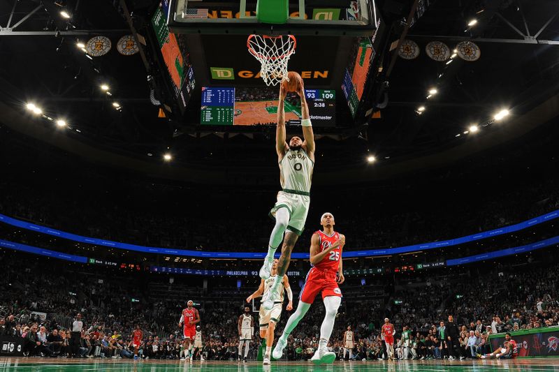 BOSTON, MA - FEBRUARY 27: Jayson Tatum #0 of the Boston Celtics dunks the ball during the game against the Philadelphia 76ers on February 27, 2024 at the TD Garden in Boston, Massachusetts. NOTE TO USER: User expressly acknowledges and agrees that, by downloading and or using this photograph, User is consenting to the terms and conditions of the Getty Images License Agreement. Mandatory Copyright Notice: Copyright 2024 NBAE  (Photo by Brian Babineau/NBAE via Getty Images)