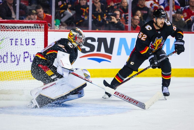 Jan 21, 2023; Calgary, Alberta, CAN; Calgary Flames goaltender Dan Vladar (80) guards his net against the Tampa Bay Lightning during the third period at Scotiabank Saddledome. Mandatory Credit: Sergei Belski-USA TODAY Sports