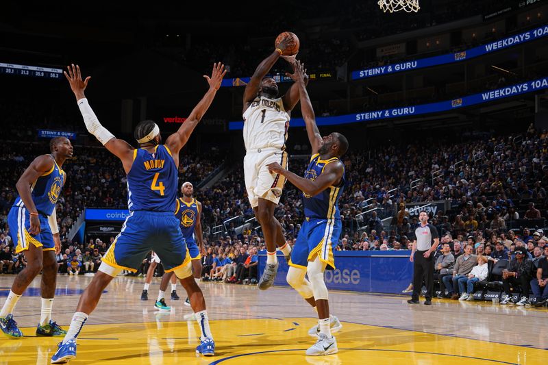 SAN FRANCISCO, CA - OCTOBER 30: Zion Williamson #1 of the New Orleans Pelicans shoots the ball during the game against the Golden State Warriors on October 30, 2024 at Chase Center in San Francisco, California. NOTE TO USER: User expressly acknowledges and agrees that, by downloading and or using this photograph, user is consenting to the terms and conditions of Getty Images License Agreement. Mandatory Copyright Notice: Copyright 2024 NBAE (Photo by Garrett Ellwood/NBAE via Getty Images)