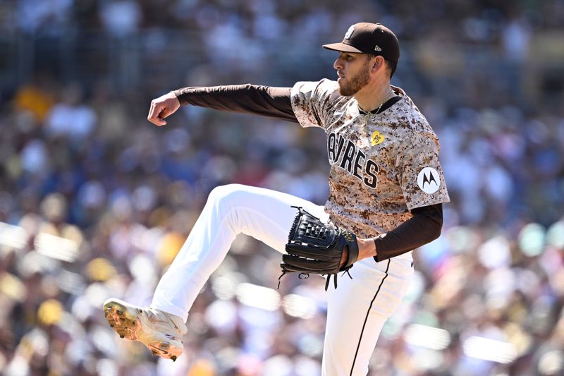 Apr 21, 2024; San Diego, California, USA; San Diego Padres starting pitcher Joe Musgrove (44) throws a pitch against the Toronto Blue Jays during the seventh inning at Petco Park. Mandatory Credit: Orlando Ramirez-USA TODAY Sports