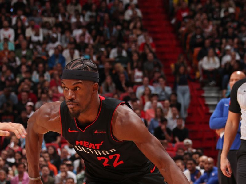 MIAMI, FL - MARCH 5: Jimmy Butler #22 of the Miami Heat handles the ball during the game against the Detroit Pistons on March 5, 2024 at Kaseya Center in Miami, Florida. NOTE TO USER: User expressly acknowledges and agrees that, by downloading and or using this Photograph, user is consenting to the terms and conditions of the Getty Images License Agreement. Mandatory Copyright Notice: Copyright 2024 NBAE (Photo by Issac Baldizon/NBAE via Getty Images)